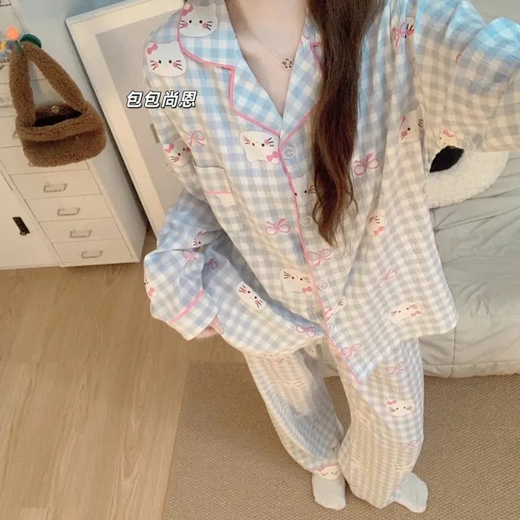ins凯蒂猫格子亲肤软棉纱睡衣女2025新款春秋季卡通kitty家居服