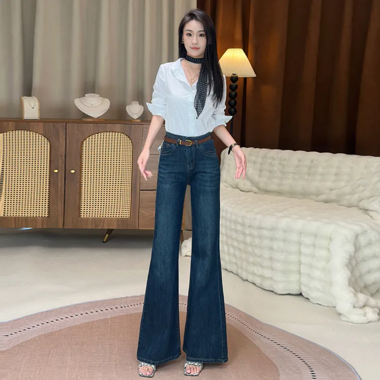 高腰蓝色牛仔裤女2025秋冬新款宽松微喇直筒显瘦百搭长裤潮7943
