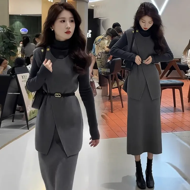高级感御姐时尚套装女春秋新款不规则马甲高领打底衫半身裙三件套