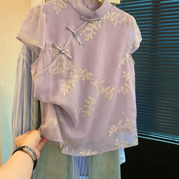 新中式亮片刺绣紫色衬衫女夏季小飞袖衬衣国风盘扣旗袍领雪纺上衣
