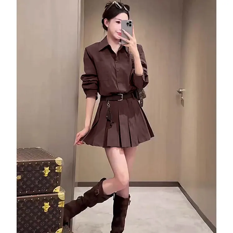 【有颜值】【两件套】【送腰带】衬衫女春秋季高级感百褶裙+衬衣QY0009