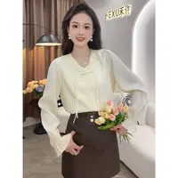 【小铃铛】TU17083新中式国风V领盘扣衬衫设计感优雅气质刺绣上衣