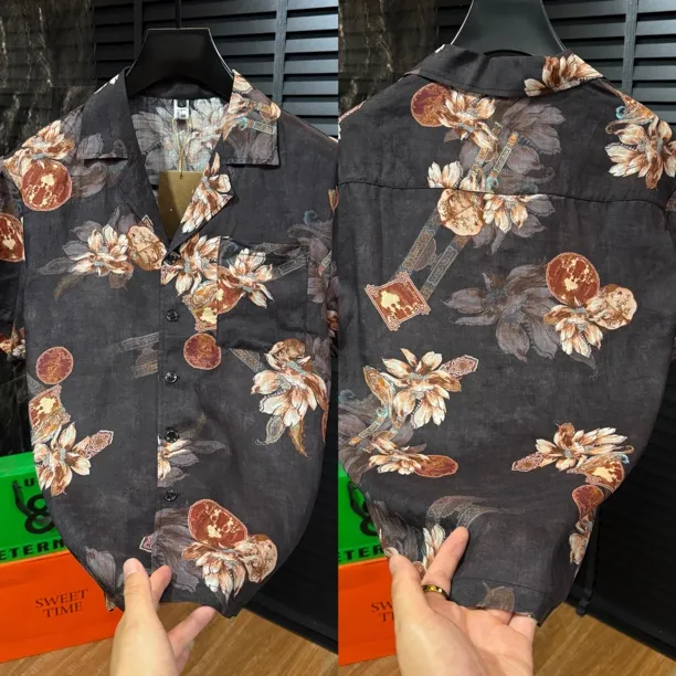 8135古巴领麻料夏季薄料男士短袖短款青春潮流时尚穿搭小花衫