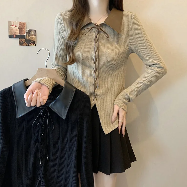 2025秋季新款胖mm大码女美拉德复古拼接绑带别致针织上衣20634