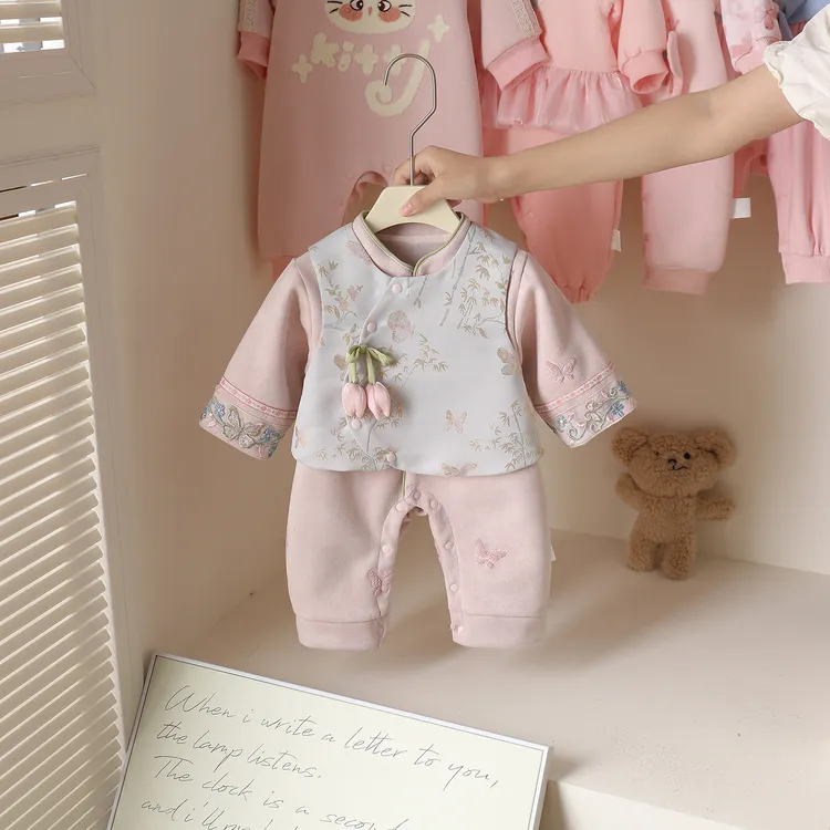 周岁婴儿礼服套装春秋款长袖花朵女宝宝唐装汉服连体衣婴童两件套