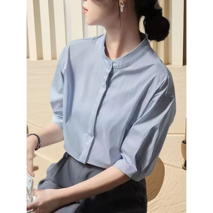 夏季新款纯棉宽松小清新纯色通勤时尚休闲气质女衬衫薄款女装衬衫