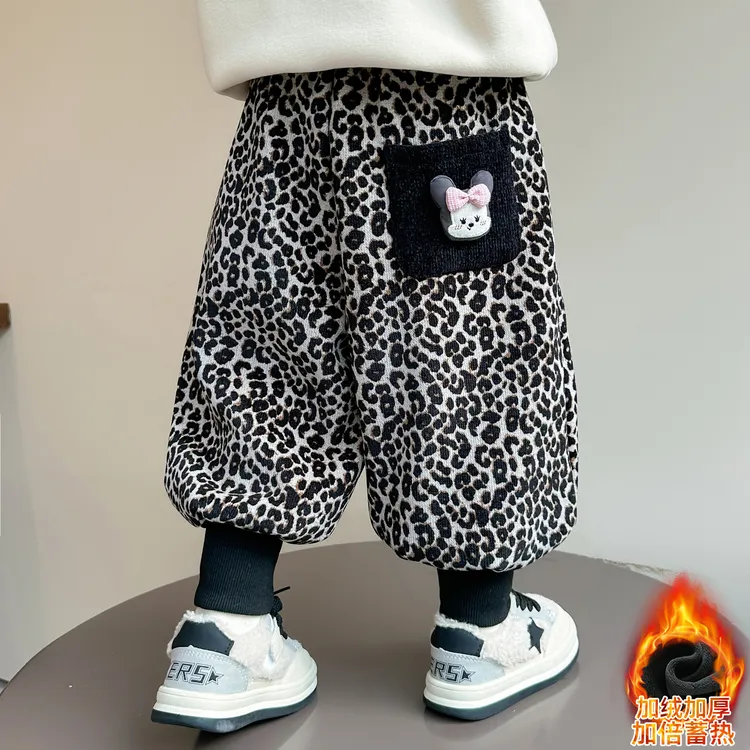 女童加绒裤子秋冬款2025新款儿童装女孩宝宝豹纹加厚一体绒束脚裤