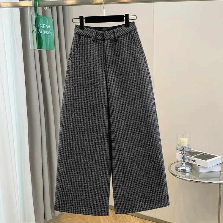 2025秋冬新款高腰直筒阔腿裤时尚减龄千鸟格加厚半松紧毛呢休闲裤