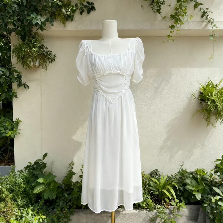 千语栀【天山雪莲】小众收腰仙女小白裙设计感裙子泡泡袖夏天白裙子