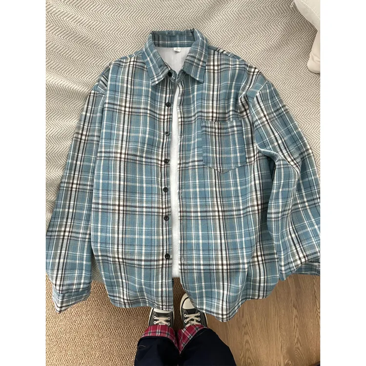 苏格兰格子衬衫男款春秋季美式蓝色格纹加绒长袖衬衣休闲情侣外套