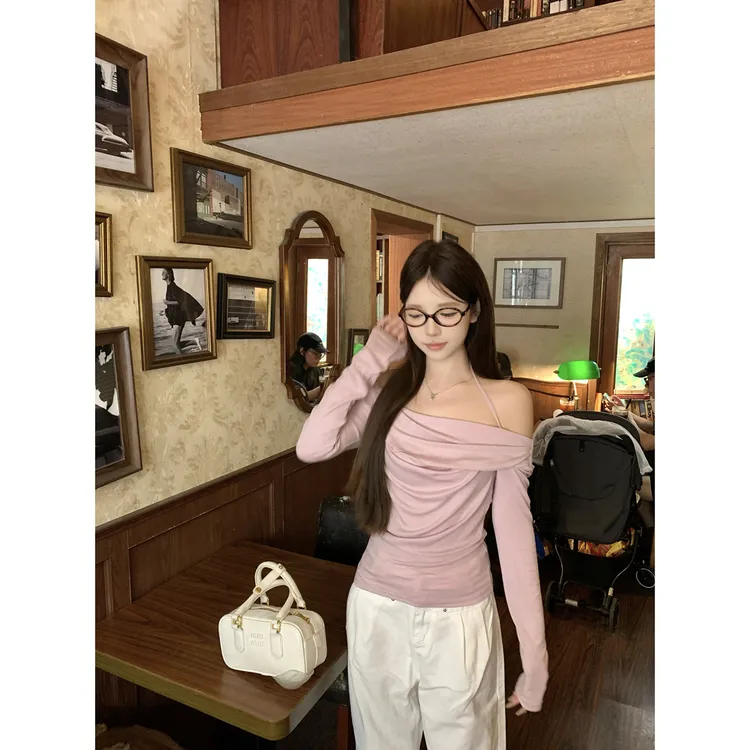 好物2025秋季韩版纯欲荡领一字肩修身挂脖露肩褶皱长袖T恤女上衣