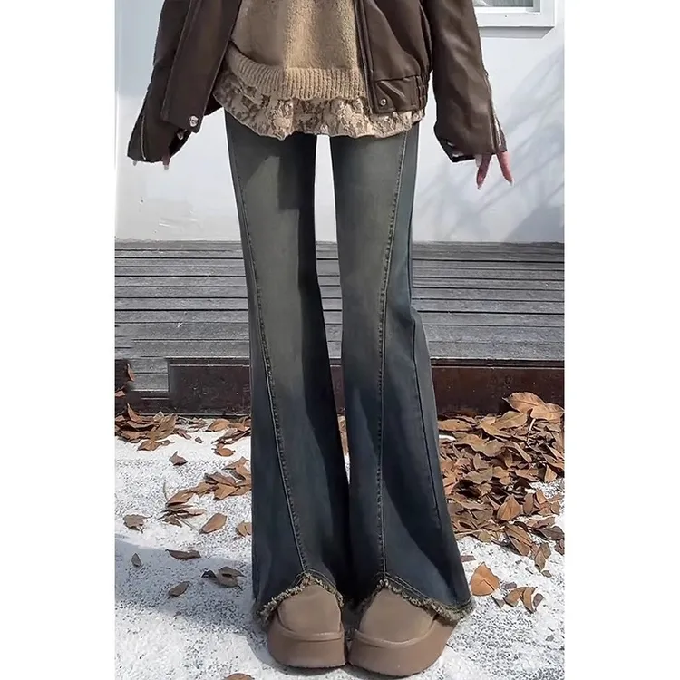 【现货+运费险】大码微喇开叉加绒牛仔裤女胖mm显瘦弹力毛边喇叭裤
