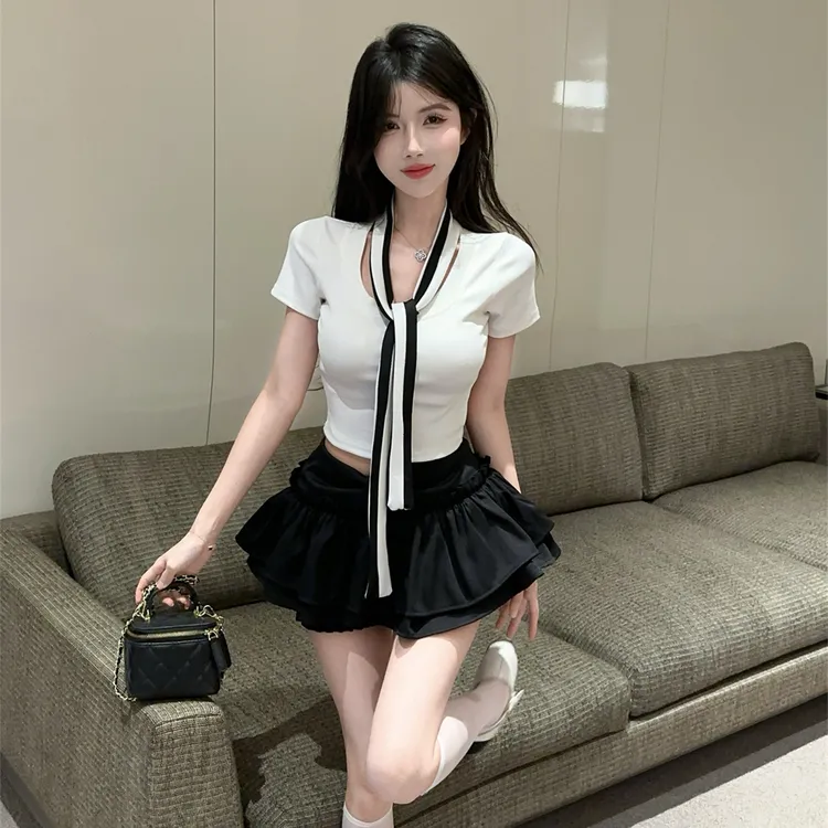 甜辣妹套装纯欲小个子领带短袖T恤气质上衣高腰蓬蓬半身短裙女夏