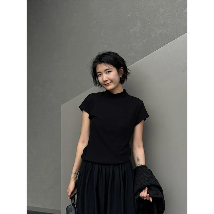 LANGQING 女士夏季纯棉半高领短袖休闲T恤46006#