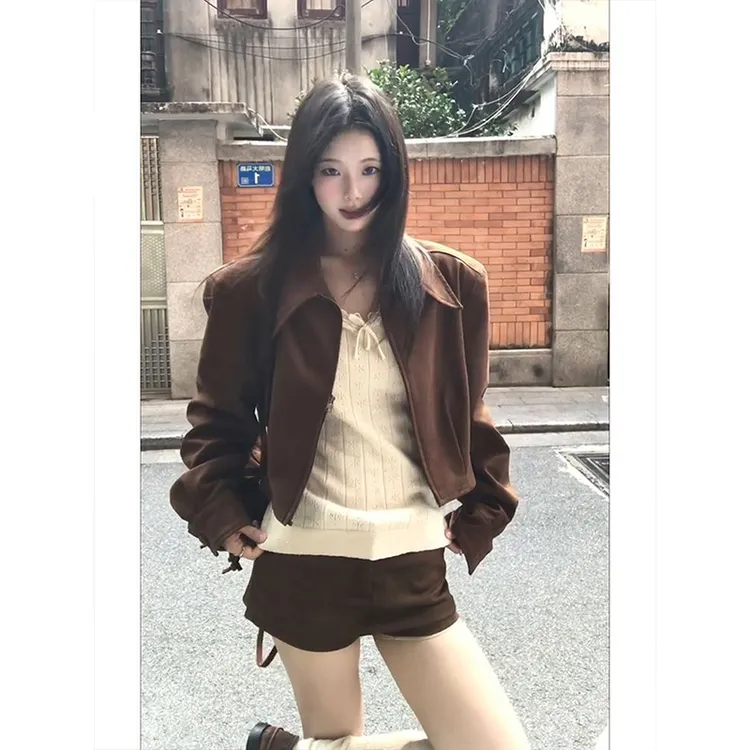 美拉德棕色复古短款外套女秋季新款美式辣妹休闲百搭宽松夹克上衣