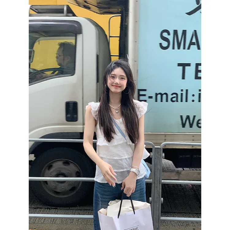 女生韩系ins衣服夏季气质蕾丝小飞袖显瘦百搭上衣高腰直筒休闲裤