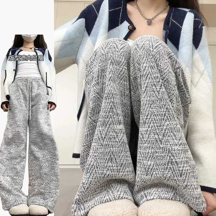 韩系小香风灰色格纹阔腿裤女早秋2025新款慵懒风显瘦小个子裤子