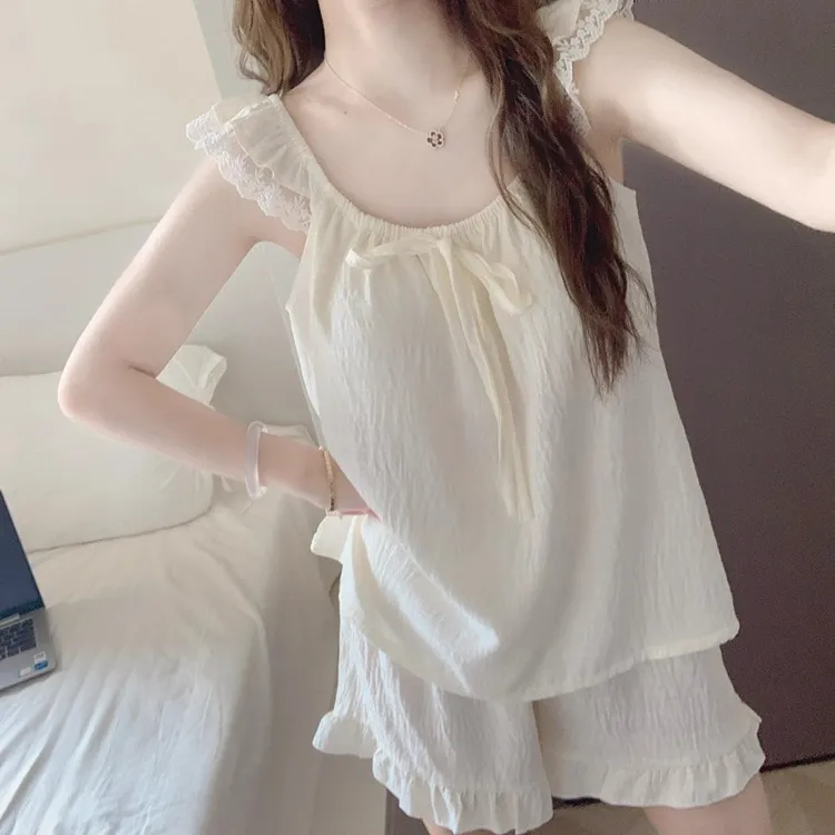 甜美纯色蕾丝云朵棉睡衣女夏季新款带胸垫吊带背心短裤家居服套装