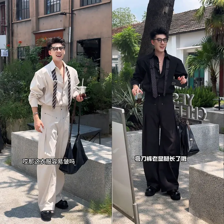 龙刀刀秋季新品气质小众设计款领带衬衫套装男高级感休闲衬衣长裤