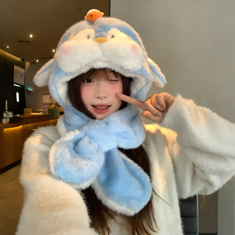 可爱头套帽子围巾一体加绒加厚企鹅帽子女秋冬高颜值防寒秋冬帽子