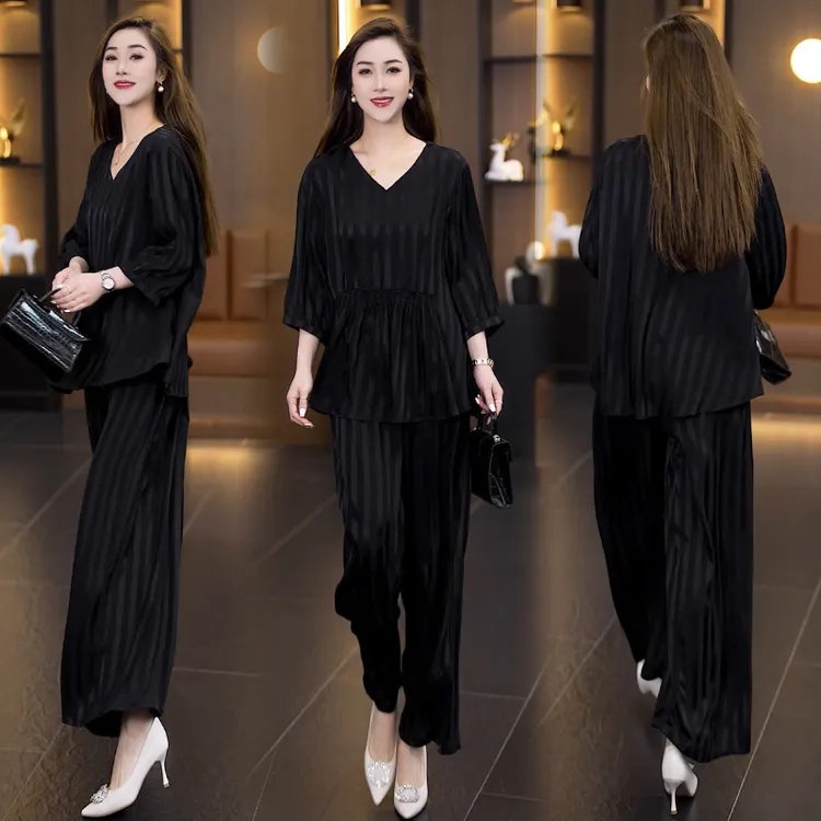 V领收腰上衣阔腿裤套装2025春夏新款韩版时尚气质宽松显瘦两件套