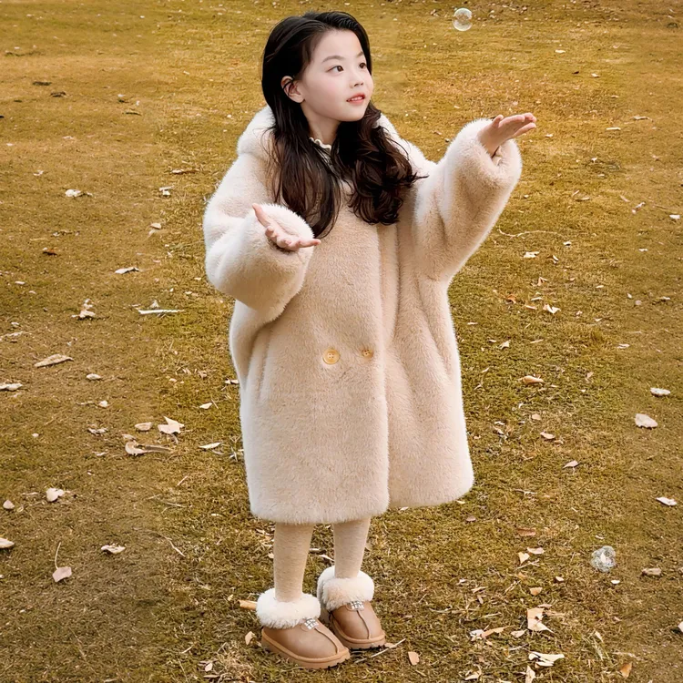 女童毛毛外套韩版皮毛一体冬女宝环保仿水貂毛棉袄中长款大衣廓形