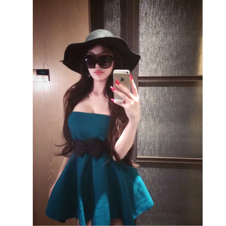 WW定制「矜贵海蓝」气质时尚显瘦法式短款露肩小众网红设计感连衣裙