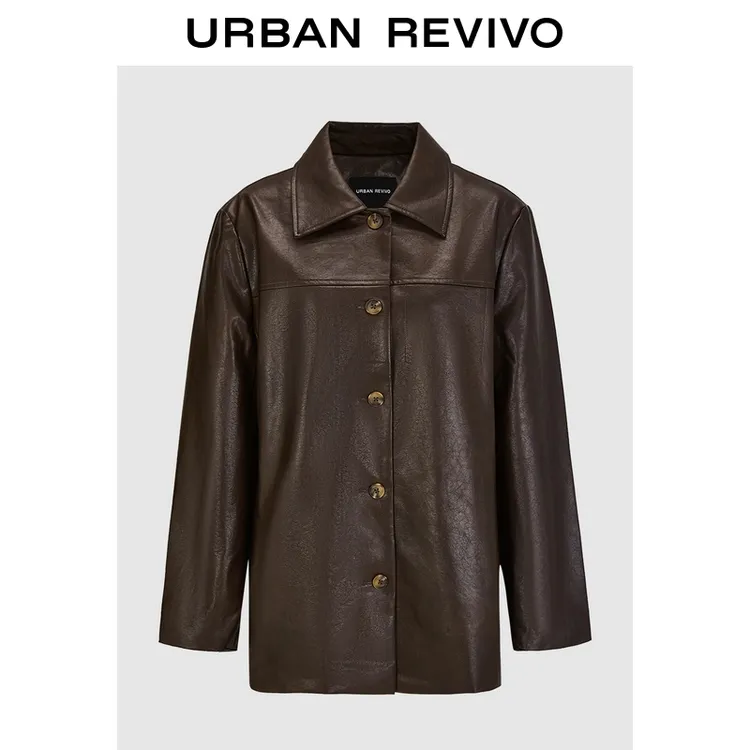 UR2025夏季新款女装复古气质肌理感宽松翻领皮衣UIH150008