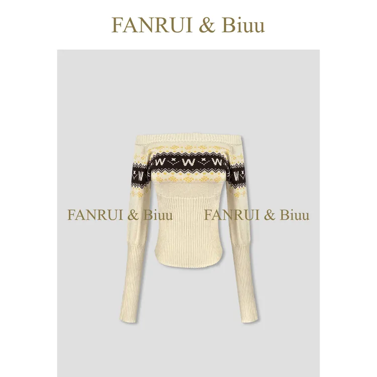 FANRUI/泛芮「贝贝biuu」拉肩一字肩印花复古洋气秋款针织衫B17722