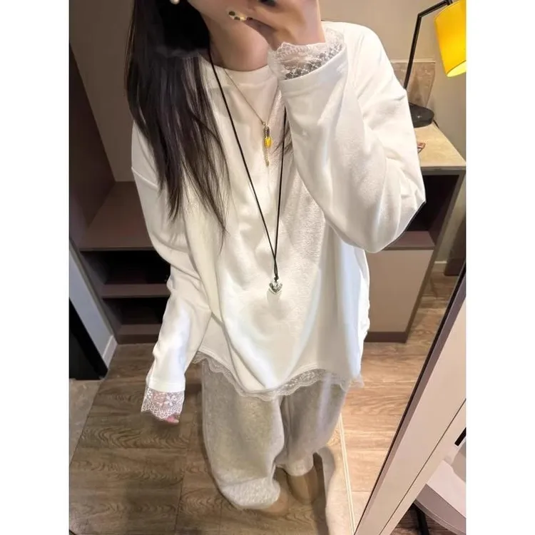 韩系高级感蕾丝花边长袖T恤女春秋宽松纯棉打底衫内搭可外穿上衣