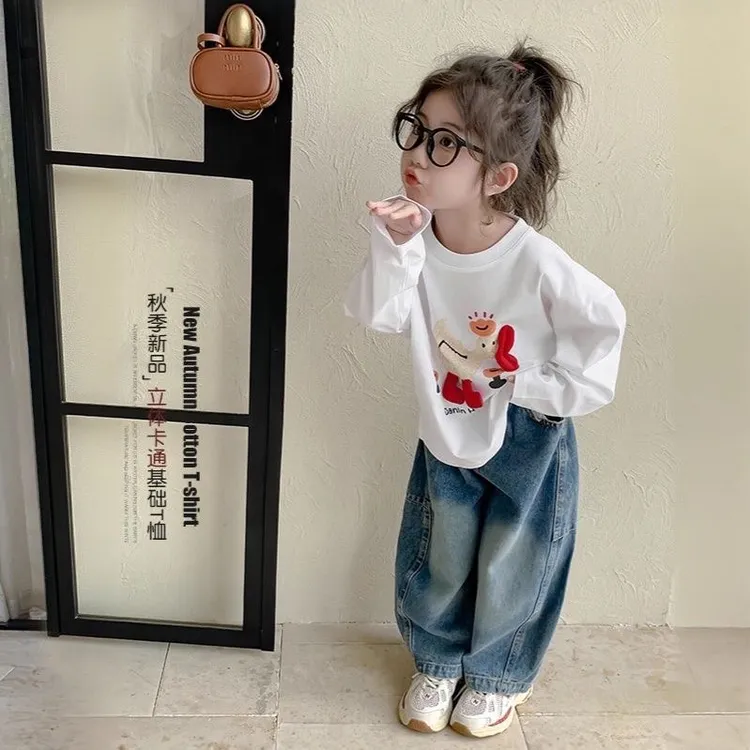 女童套装长袖T恤牛仔弯刀裤秋装儿童卡通印花2025新款宝宝打底衫