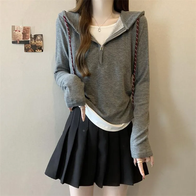 大码女装假两件撞色连帽加绒卫衣女秋冬胖mm修身百搭长袖打底上衣