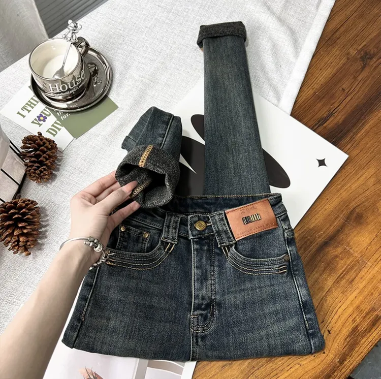 水泥灰高腰植绒薄绒小脚牛仔裤保暖显瘦铅笔靴裤