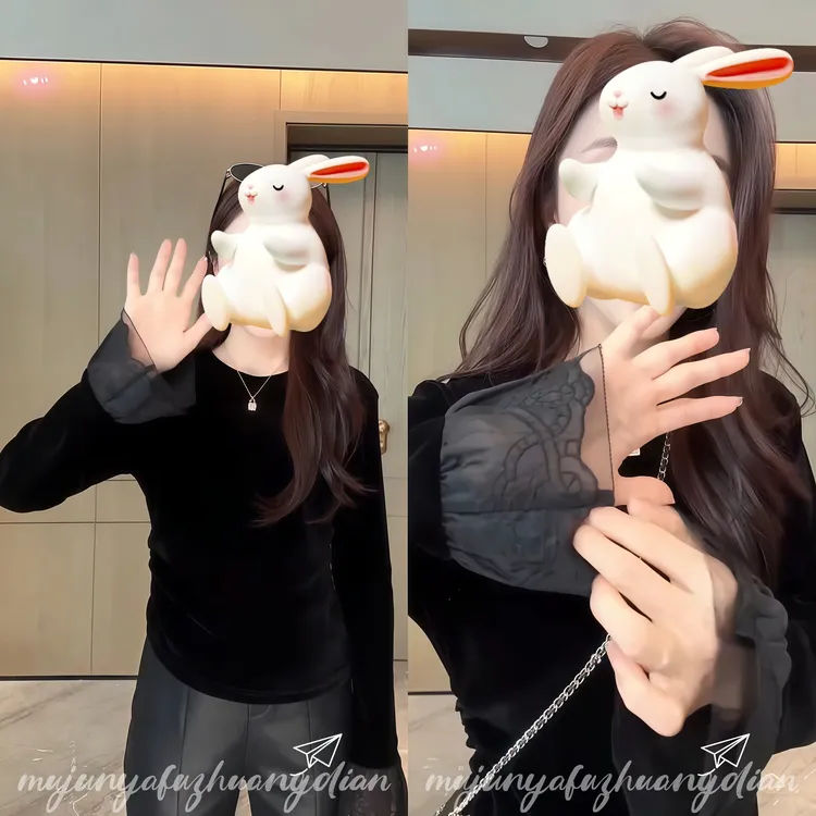 圆领喇叭袖蕾丝女拼接长袖T恤宽松型常规型经典