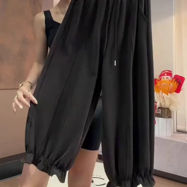 加绒木耳边九分花苞裤女冬季松紧腰显瘦宽松毛呢休闲阔腿灯笼裤子