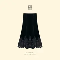 OYBN欧阳贝妮【海棠】微胖大码蕾丝钩花拼接丝绒中长款半身裙3517