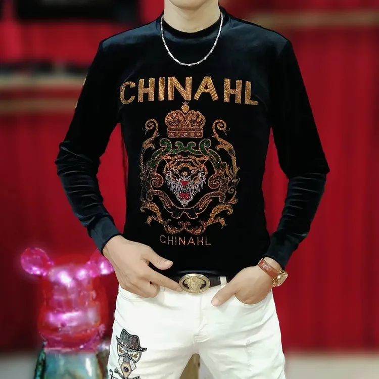 2025新款秋季时尚轻奢虎头网红烫钻长袖T恤个性修身百搭帅气卫衣