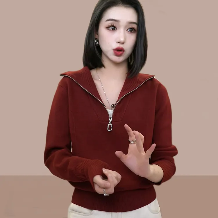设计感翻领针织衫毛衣女2025春秋新款时尚韩版气质减龄半拉链上衣