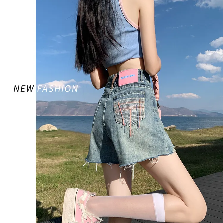 毛边牛仔短裤女小个子夏季新款大码高腰显瘦刺绣设计感字热裤子