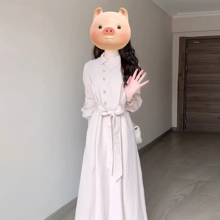 2025新款法式甜美风粉色系带长袖连衣裙女秋季高级感收腰显瘦长裙
