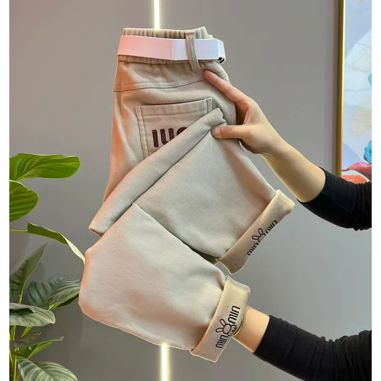 秋冬新款刺绣字母牛仔裤女高腰弹力显瘦哈伦九分小脚萝卜裤子