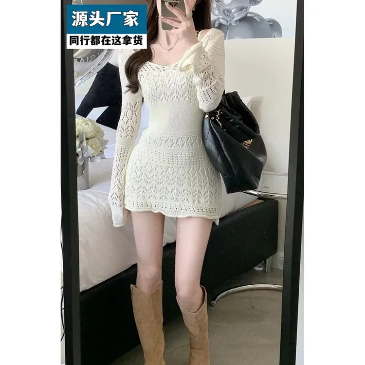 梵乐芬纯欲风性感v领镂空包臀短裙女春秋新款高级感收腰显瘦气质