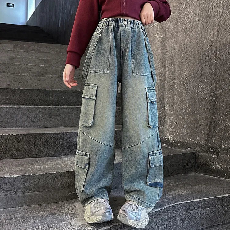 儿童冬装大女童装裤子加绒秋冬款一体绒直筒工装牛仔裤冬季6-12岁