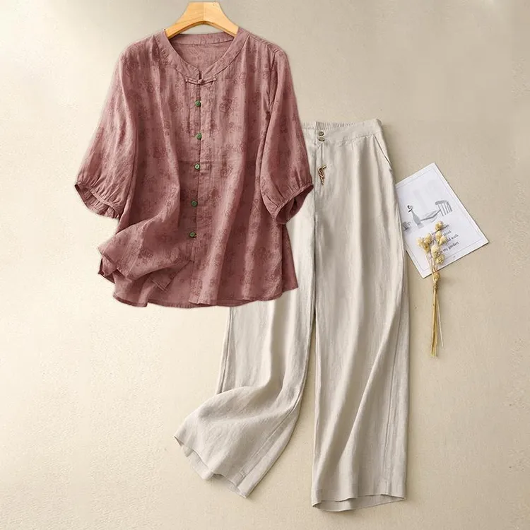 新中式棉麻套装女夏季2024新款中年妈妈洋气减龄亚麻休闲裤两件套