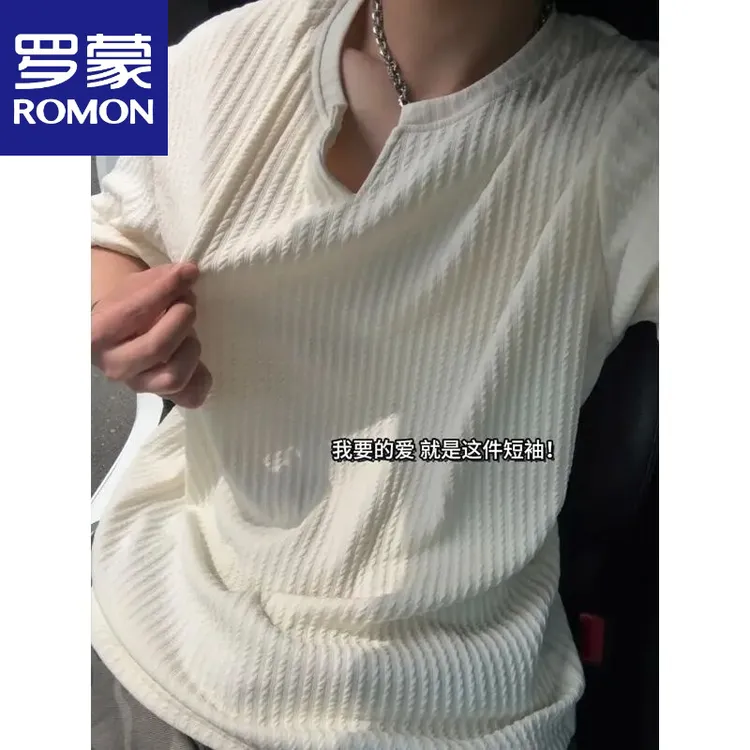 罗蒙杏色肌理感V领短袖T恤男夏季美式潮流宽松青少年休闲百搭半袖