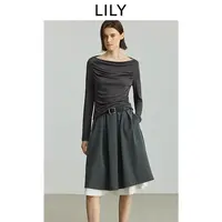 LILY2025秋含羊毛法式荡领收腰长袖T恤女125349VT901