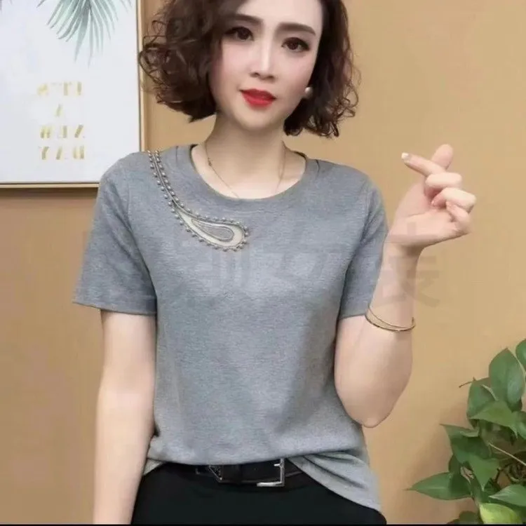 夏季新款圆领t恤2025短袖时尚妈妈装镂空T恤气质百搭上衣弹力小衫