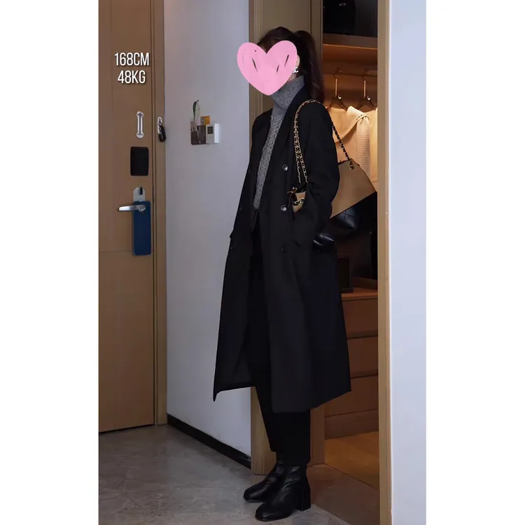 张元一女装同款韩版小个子时髦黑色大衣外套女秋双面毛呢外套上衣
