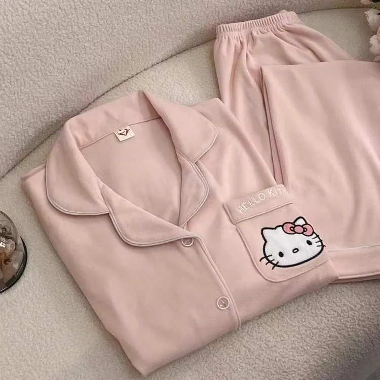 140-160小个子德绒睡衣女秋冬长袖长裤KT猫保暖网红开衫睡衣套装