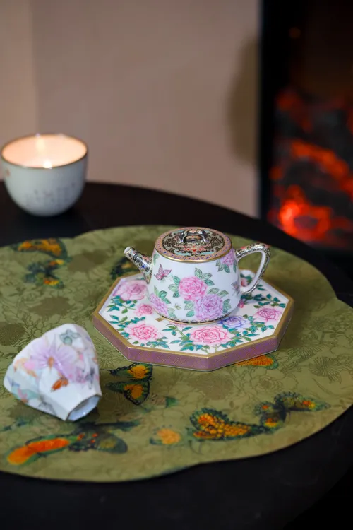 灵玺贡坊 手绘粉彩珐琅彩玫瑰系列茶壶 壶承 中式茶具